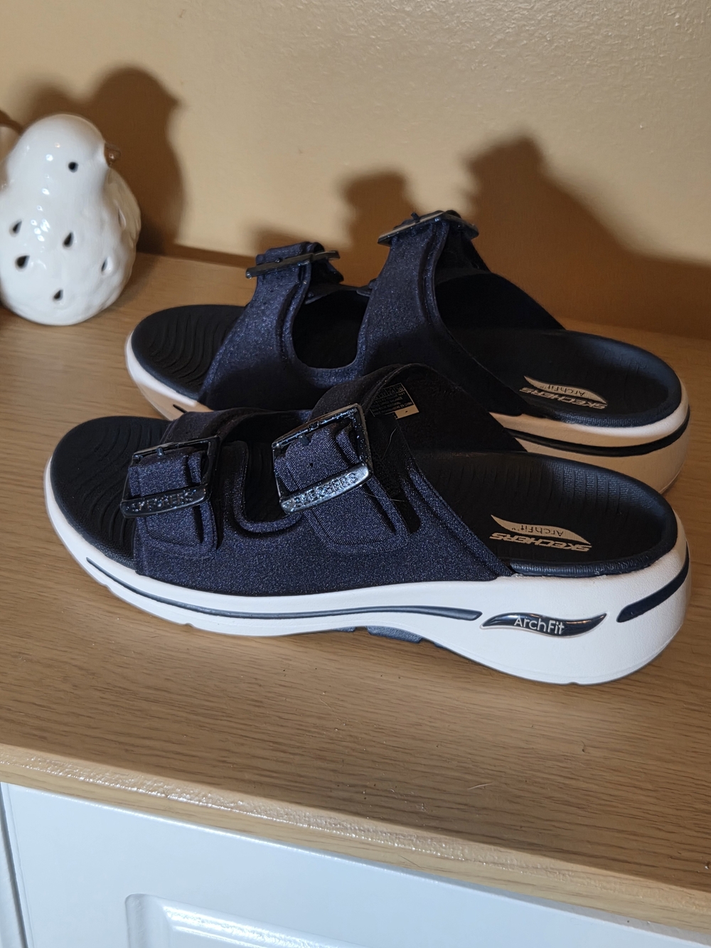 Skechers Arch Fit Navy and White Dual-Buckle Slide Sandals